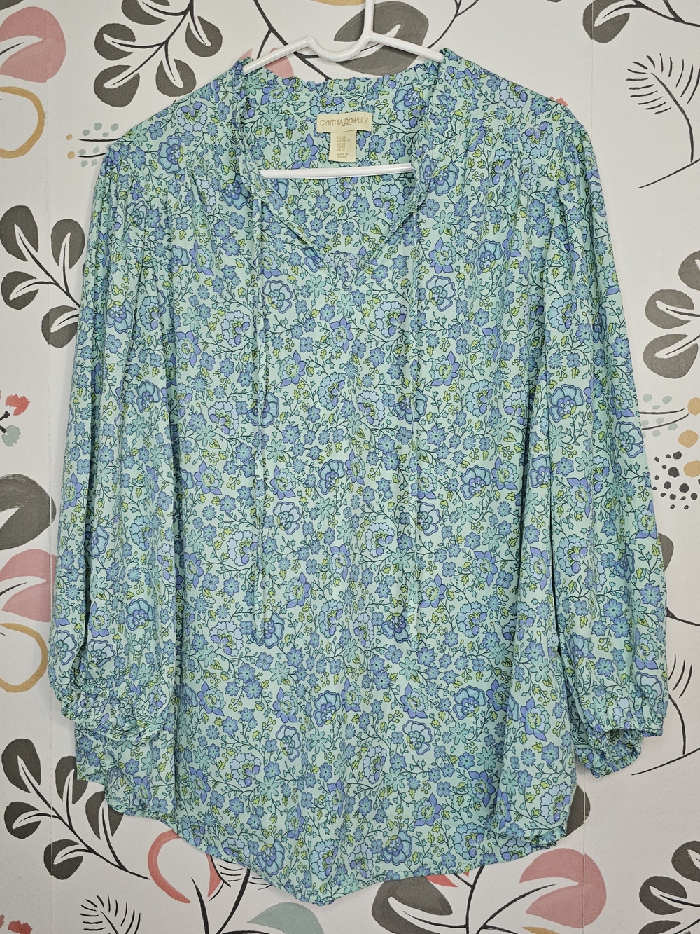 Cynthia Rowley Blue and Green Floral Peasant Top